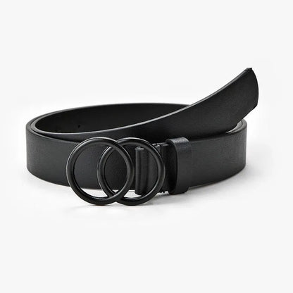Schwarzer Ledergürtel mit Doppelring-Schnalle, modisches Accessoire für Damen.