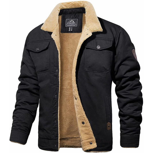 Schwarze Herren-Bomberjacke mit beigem Futter, Wintermode, warm, stilvoll, Baumwolle.
