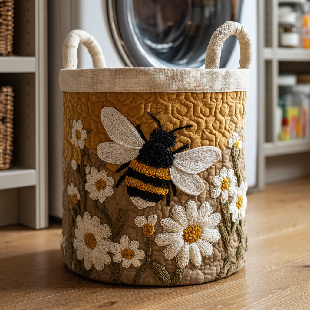 Rund vadderad korg med broderat bi och tusenskönor i honungsgult, två krämfärgade handtag, står på trägolv framför en tvättmaskin. 1