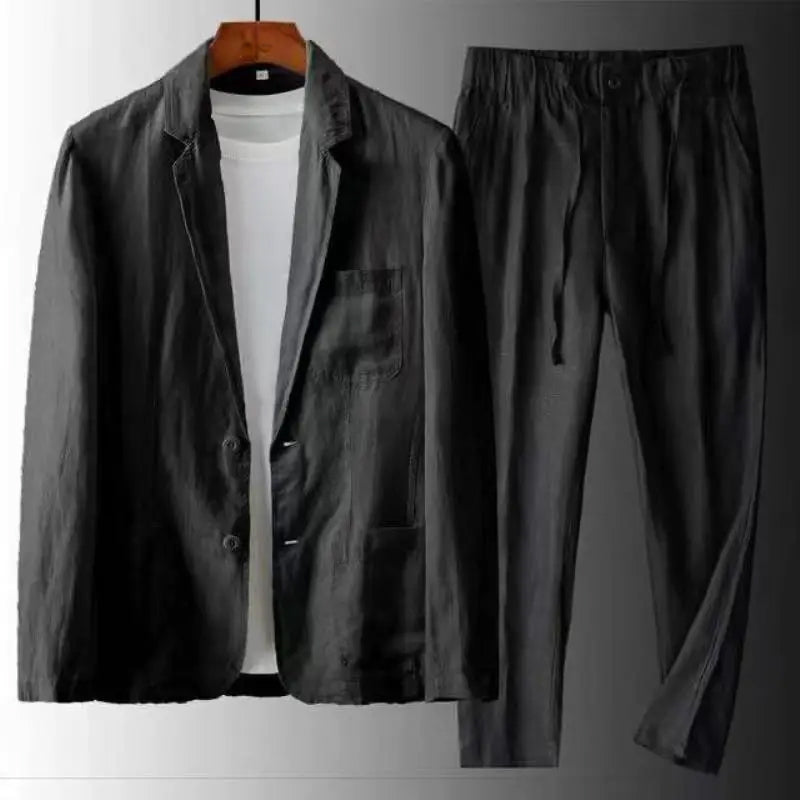 Schwarzer Leinenanzug für Herren, Jacke und Hose, lässig, atmungsaktiv, modisch.