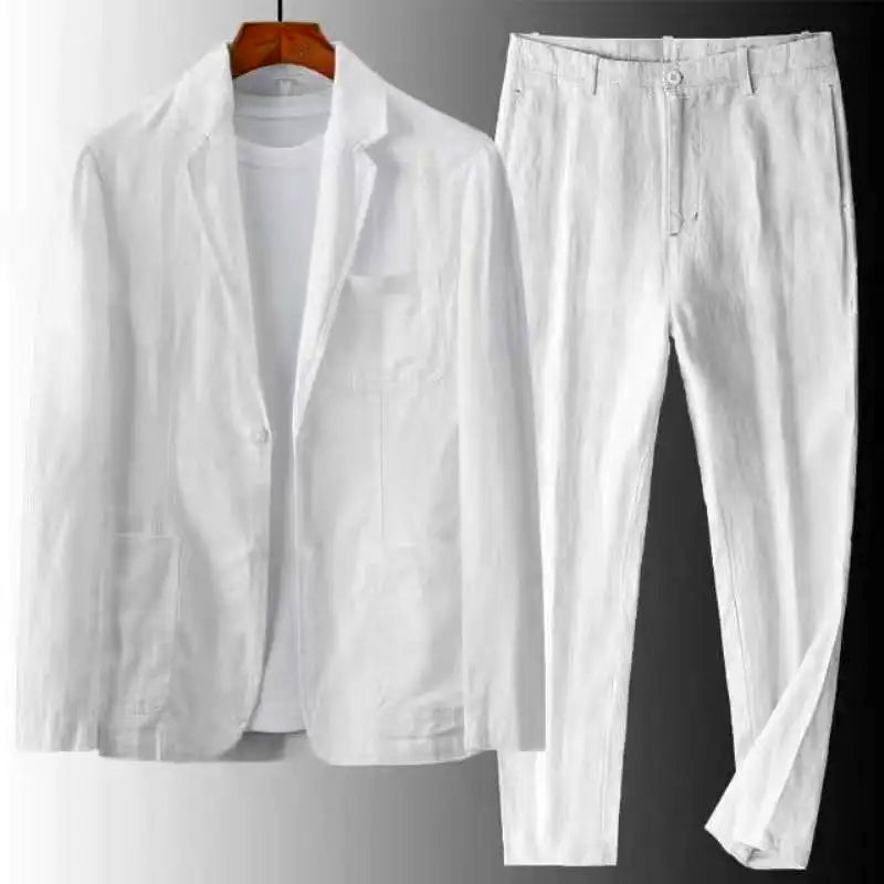 Weißer Leinenanzug für Herren, bestehend aus Sakko und Hose, ideal für Sommermode.