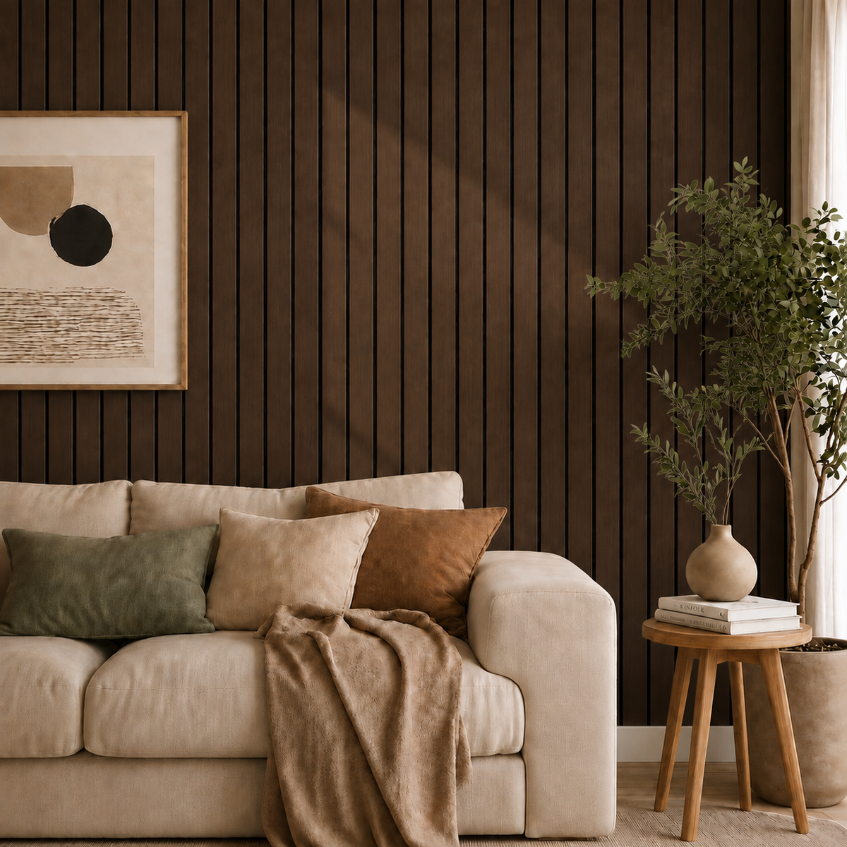 Mörkbrun ribbvägg i vardagsrum med beige soffa, tavla, kuddar och en stor växt 30