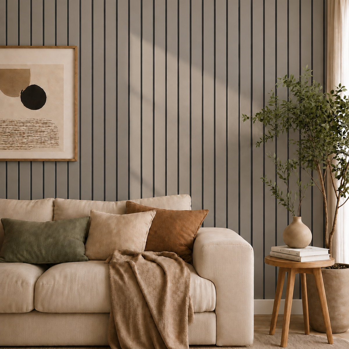 Gråbrun ribbvägg i vardagsrum med beige soffa, tavla, kuddar och en stor växt 25
