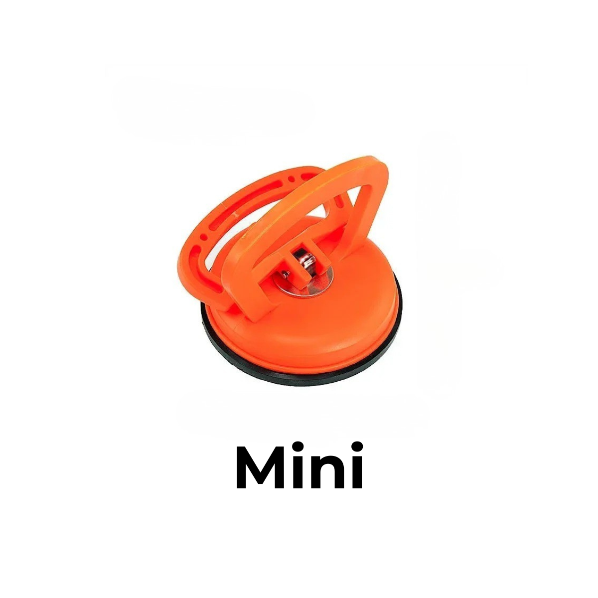 Orange sugkopp i litet format med uppfälld handtagsbygel, metallfäste i mitten och svart gummikant mot vit bakgrund. 6