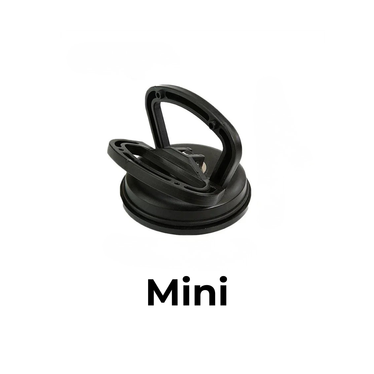 Svart sugkopp i litet format med uppfälld handtagsbygel och tjock gummikant, fotograferad snett uppifrån mot vit bakgrund. 9