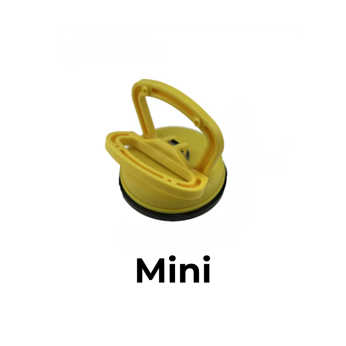 Gul sugkopp i litet format med uppfälld handtagsbygel och svart gummikant, fotograferad snett uppifrån mot vit bakgrund. 1