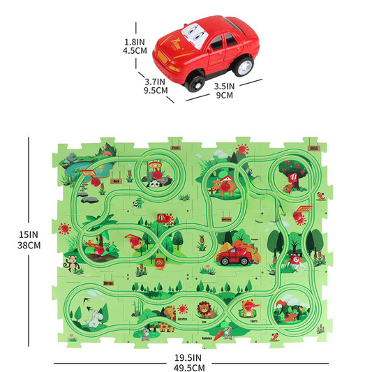 Rote Spielzeugauto mit grünem Spielteppich, Straßendesign, Kinderzimmer, 49,5x38 cm.