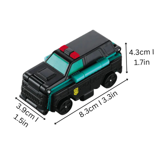 Schwarzes und grünes Spielzeug-Polizeiauto, Kunststoff, Maße: 8,3 cm x 3,9 cm x 4,3 cm.