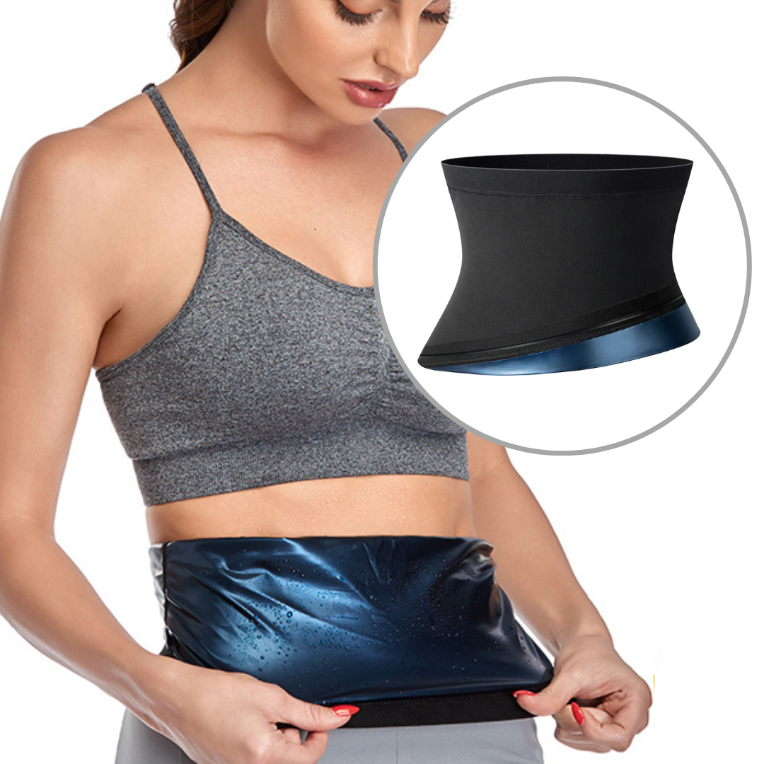 Frau mit grauem Sport-BH trägt schwarzen Sauna-Gürtel, Fitness, Abnehmen, Schweiß, Training.