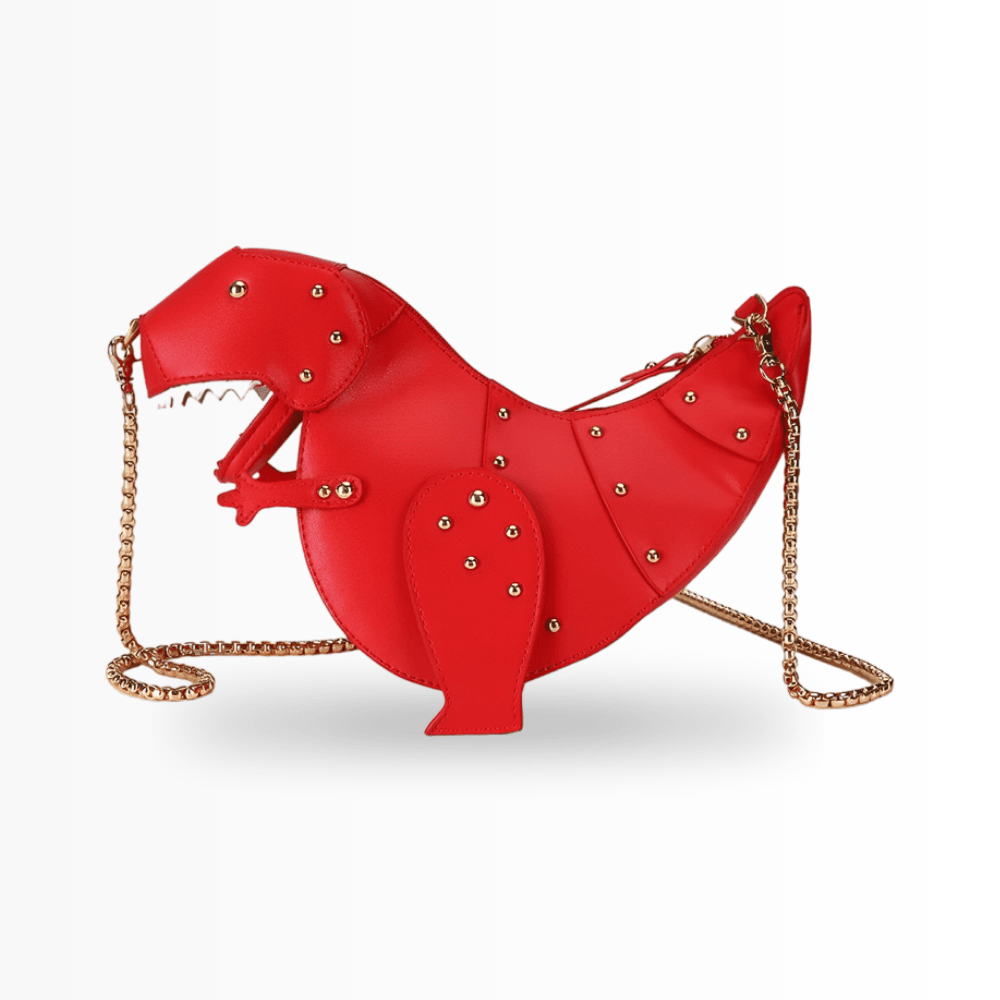 Rote Dinosaurier-Handtasche aus Leder mit goldener Kette, modisches Accessoire für Damen.