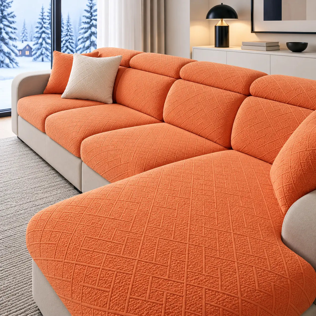 Hörnsoffa med orange texturerat överdrag på sits och ryggstöd i ett vinterljust vardagsrum 1
