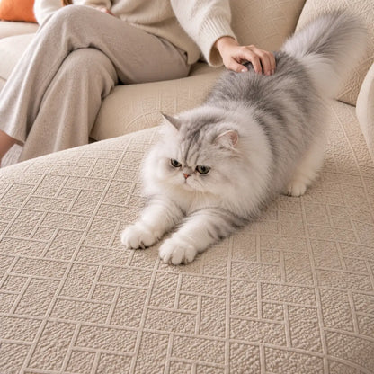 Fluffig grå och vit katt sträcker sig på ett beige sofföverdrag med rutmönster 10