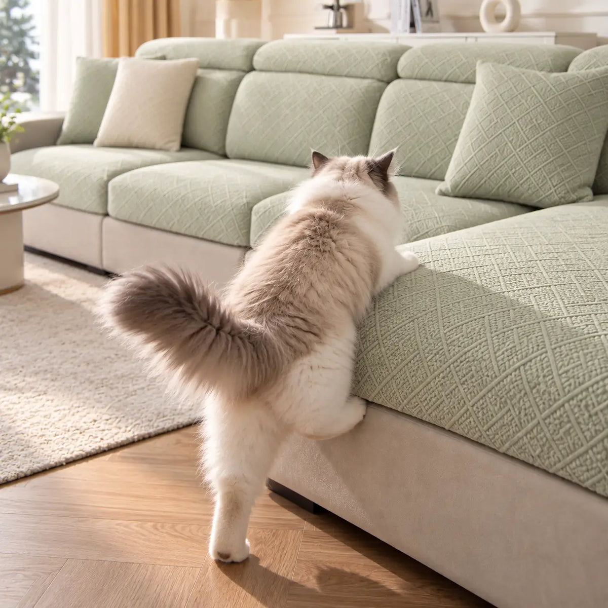 Ragdollkatt klättrar upp på en ljusgrön soffa med överdrag och dekorationskuddar 14