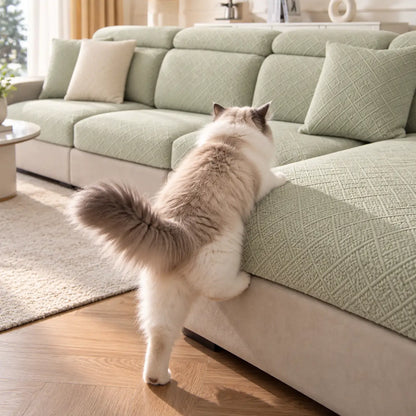 Ragdollkatt klättrar upp på en ljusgrön soffa med överdrag och dekorationskuddar 14