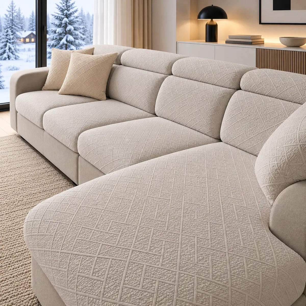 Hörnsoffa med ljusbeige texturerade överdrag och två kuddar i ett vinterrum 19