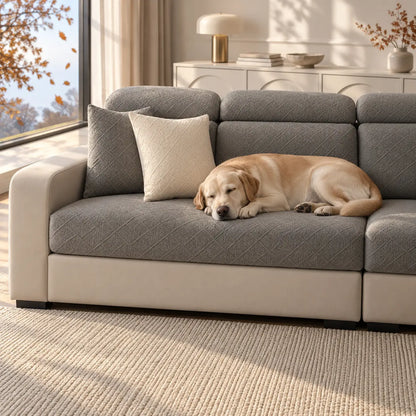 Labrador sover på grå soffa med överdrag och två kuddar vid ett höstfönster 8