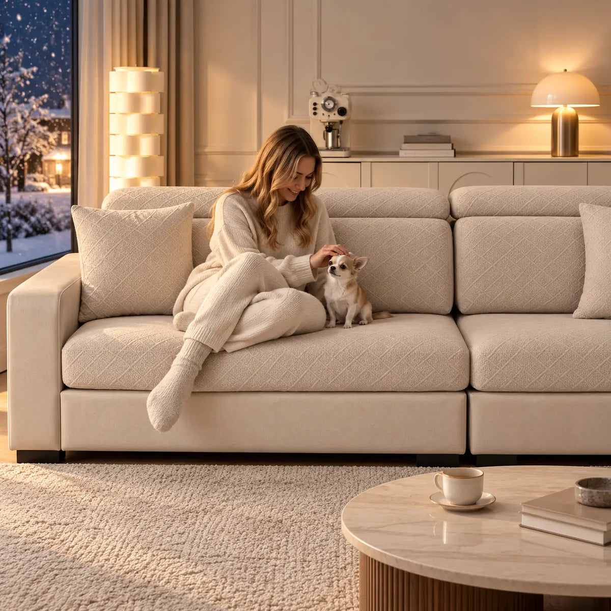 Kvinna i mysiga kläder klappar en liten hund på beige soffa med överdrag 9