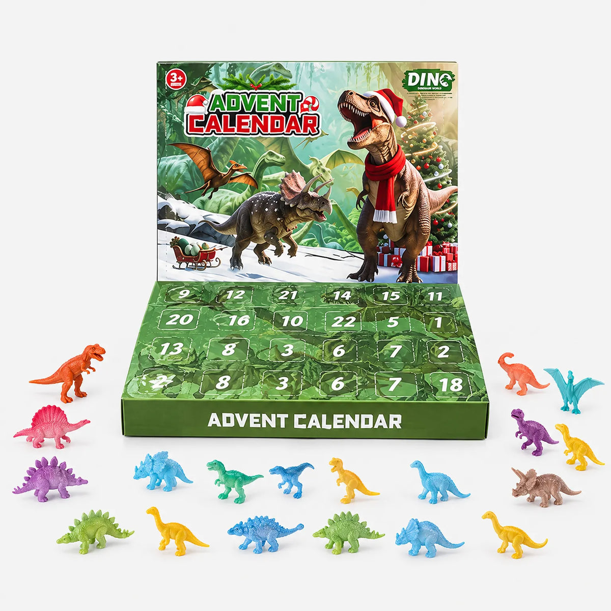 Uppfälld kalender med numrerade luckor framför ett stort urval färgglada miniatyrdinosaurier i plast som ligger uppställda i en rad. 2