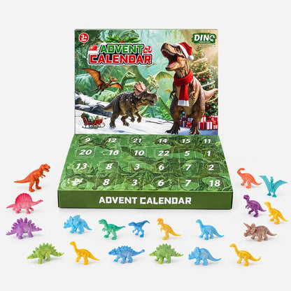 Uppfälld kalender med numrerade luckor framför ett stort urval färgglada miniatyrdinosaurier i plast som ligger uppställda i en rad. 2