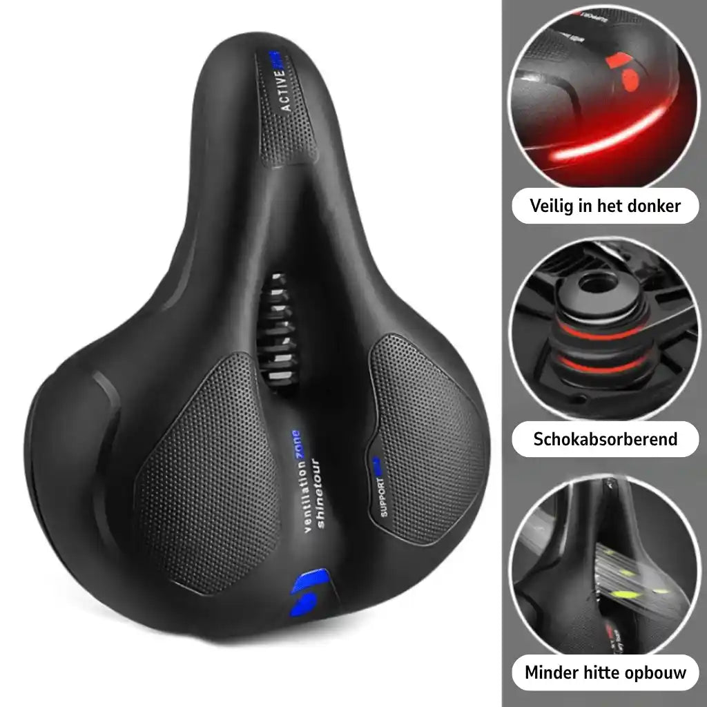 Sadel med blå detaljer sedd ovanifrån, med tre cirklar som visar reflex, stötdämpning och ventilation. 19