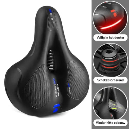 Sadel med blå detaljer sedd ovanifrån, med tre cirklar som visar reflex, stötdämpning och ventilation. 19