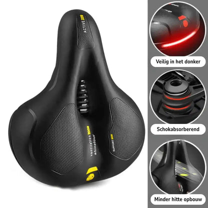 Svart cykelsadel snett uppifrån med gula detaljer och urtag i mitten, med tre cirkelinsatser som visar reflex, stötdämpning och ventilation. 21