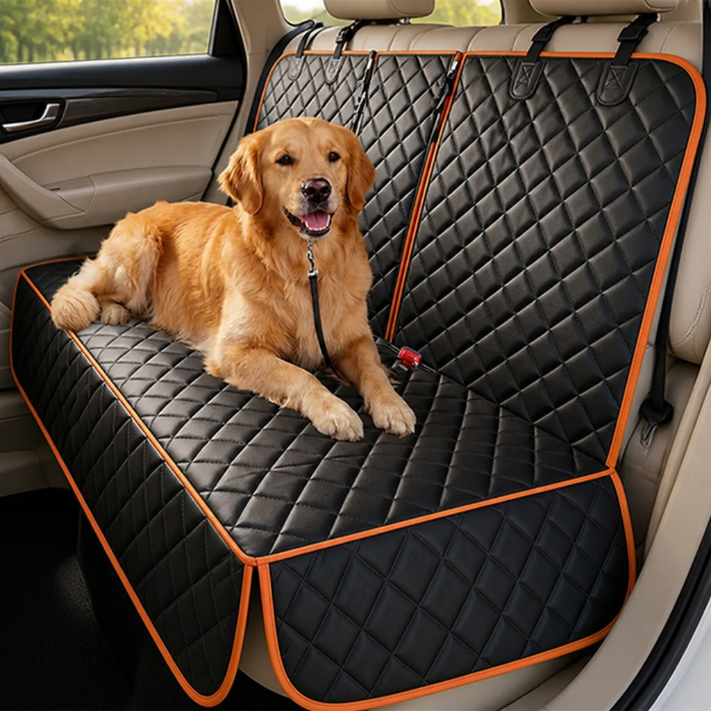 Svart quiltat baksätesskydd med orange kantband monterat i en bil, med en golden retriever liggande på sitsen. 1