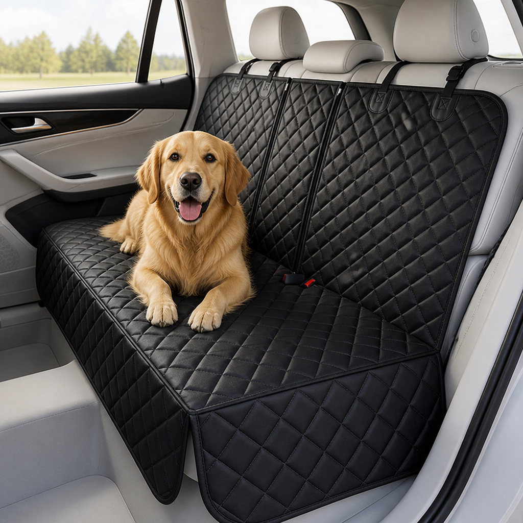 Svart quiltat baksätesskydd installerat i ljus bilinredning, med en golden retriever som ligger på sitsen och tittar in i kameran. 7