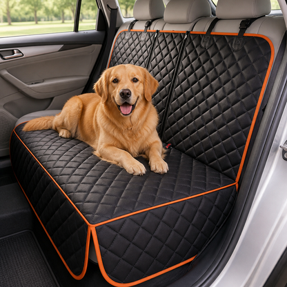 Svart quiltat baksätesskydd med orange kantband täcker hela baksätet, med en golden retriever liggande på sitsen. 8