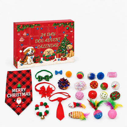 Röd julkalender med 24 luckor och dess innehåll uppställt på vit bakgrund: bandana, flugor, slips, bollar, pälsmöss och fjäderleksaker. 2