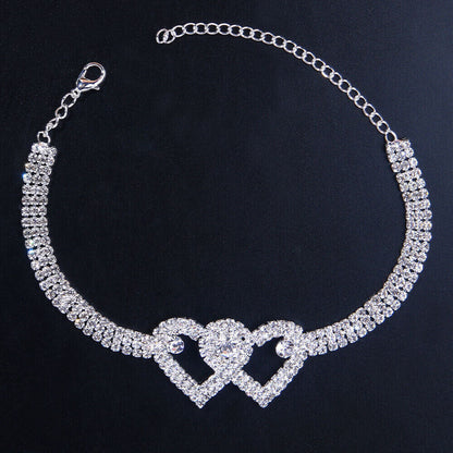 Double Heart Rhinestone Ankle Bracelet - Tricia