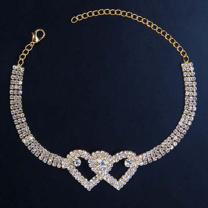 Double Heart Rhinestone Ankle Bracelet - Tricia