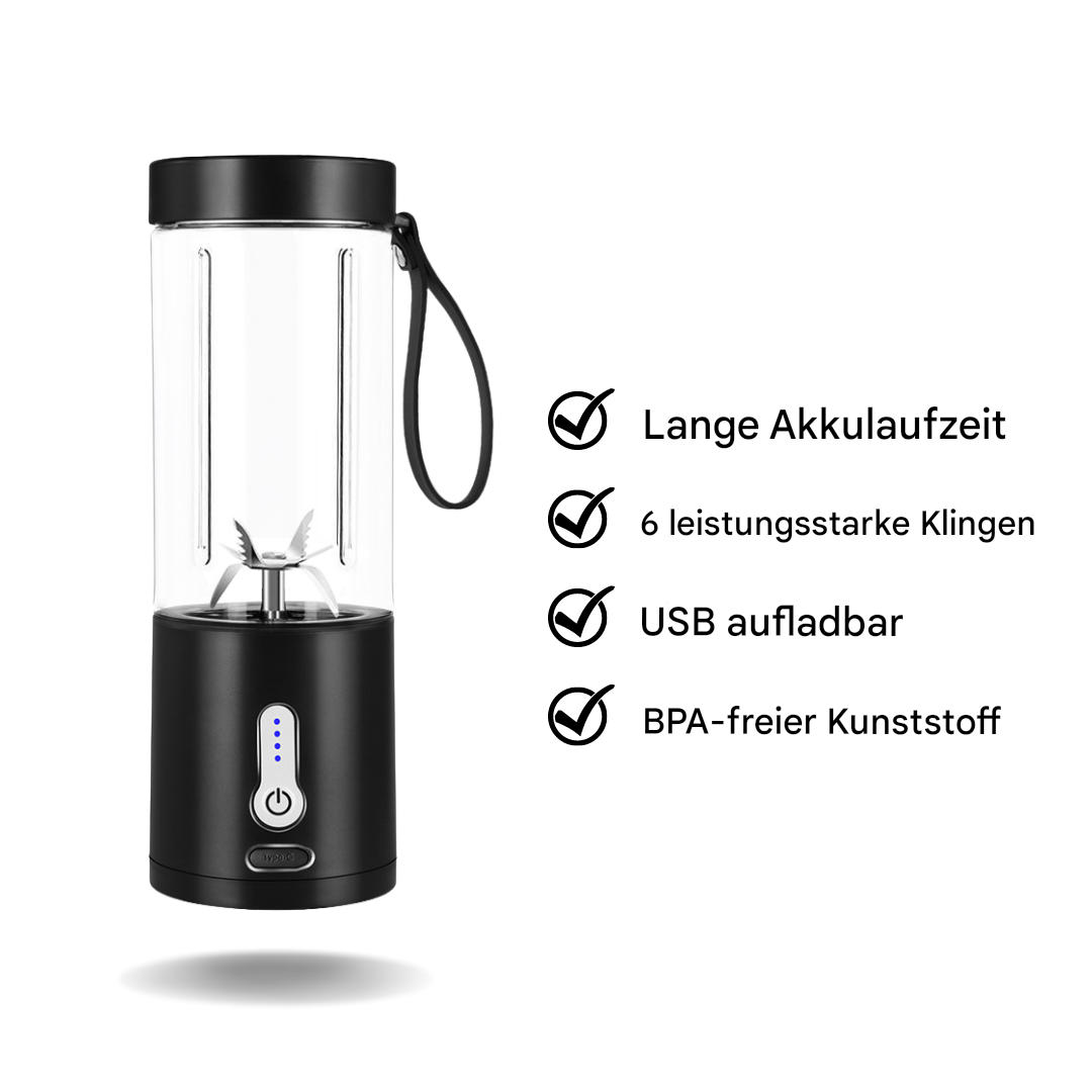 Tragbarer Mixer, schwarz, USB aufladbar, 6 Klingen, BPA-frei, lange Akkulaufzeit.