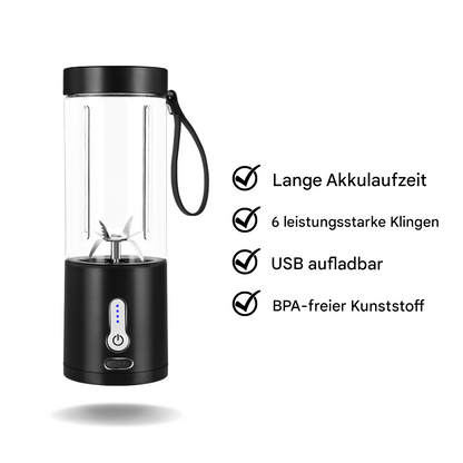 Tragbarer Mixer, schwarz, USB aufladbar, 6 Klingen, BPA-frei, lange Akkulaufzeit.