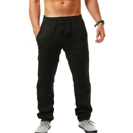 Schwarze Herren-Leinenhose, Sommermode, elastischer Bund, lässiger Stil, bequem.
