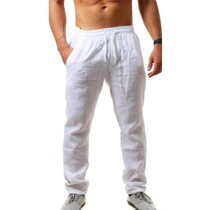 Weißer Herren-Leinenhose, Sommermode, elastischer Bund, bequem, atmungsaktiv.