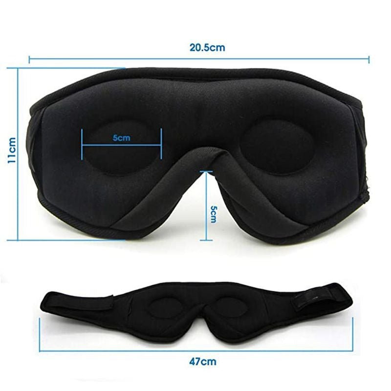 Schwarze 3D-Schlafmaske, ergonomisch, verstellbar, für besseren Schlaf, 20,5x11 cm.