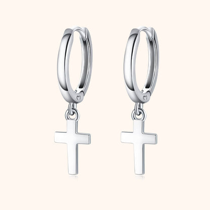 Silberne Creolen mit Kreuzanhänger, modische Ohrringe, Edelstahl, Schmuck für Damen.