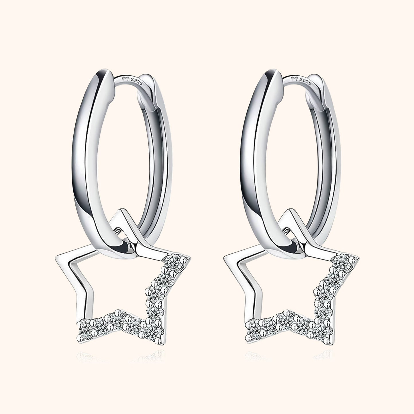 Silberne Creolen mit Sternanhängern, Zirkonia, modische Ohrringe, Schmuck für Damen.