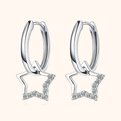 Silberne Creolen mit Sternanhängern, Zirkonia, modische Ohrringe, Schmuck für Damen.