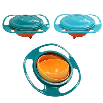 Gyroskopische Schüssel für Kinder, auslaufsicher, blau-orange, Kunststoff, 360-Grad-Drehung.