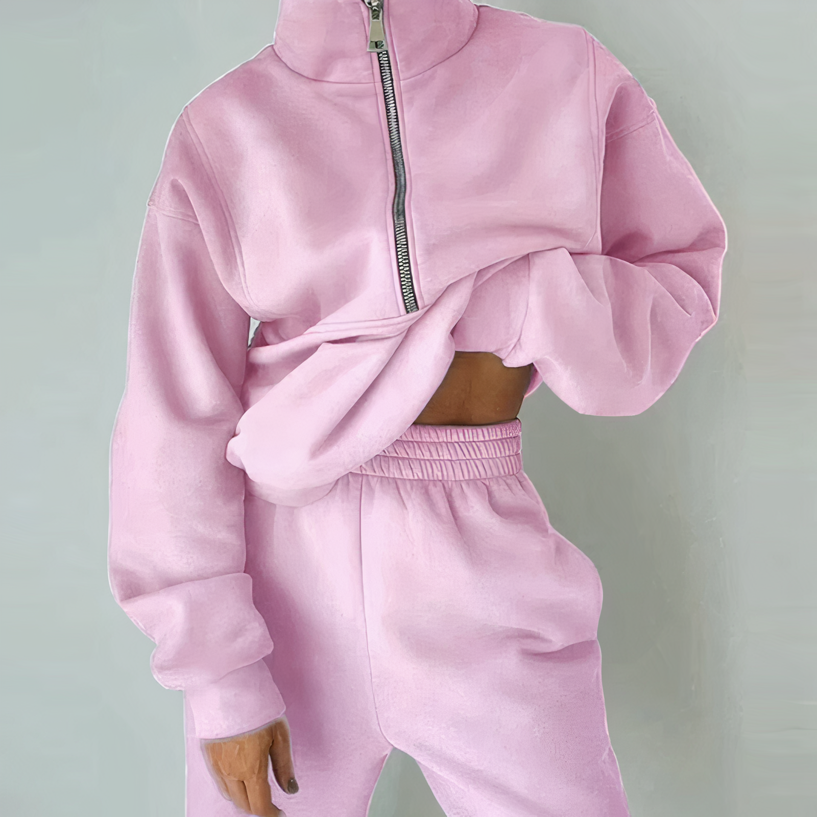 Rosa Damen-Sweatshirt mit Reißverschluss, langärmelig, gemütlich, modisch, Freizeitkleidung.