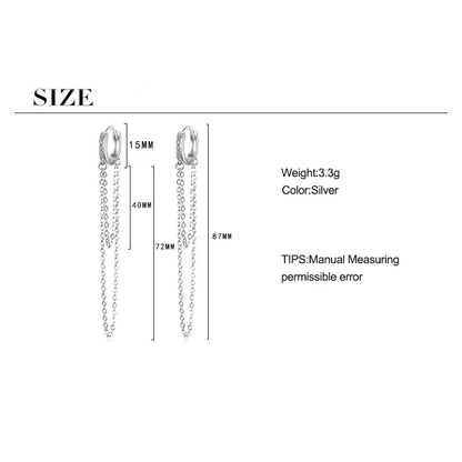 Silberne Ohrringe mit Kettenanhänger, 87mm lang, modisches Schmuckdesign für Damen.