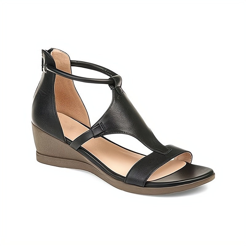 Schwarze Keilsandale aus Leder mit Knöchelriemen, Damenmode, bequem, elegant