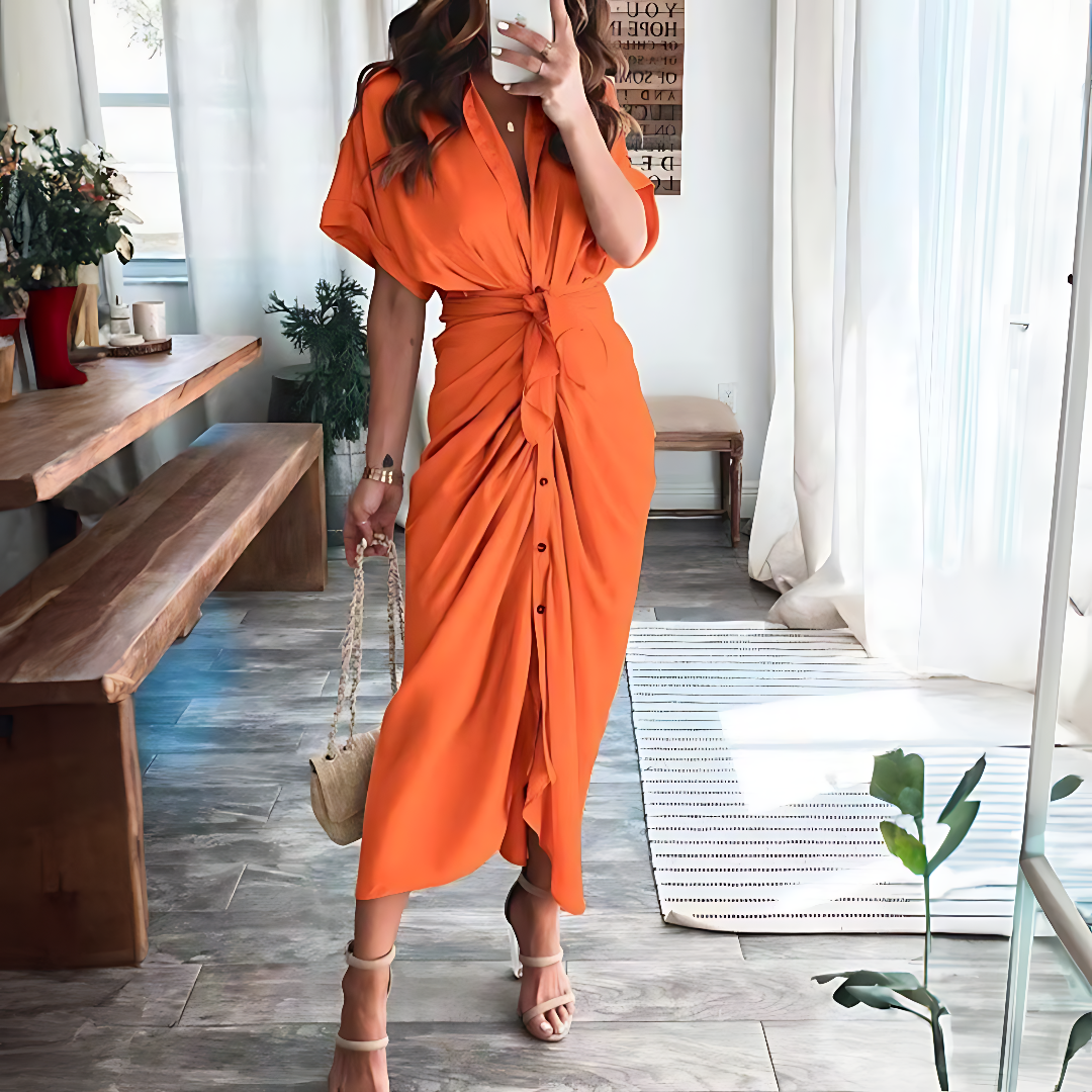 Maxiklänning med volanger och V-ringning, sommarstil, dammode - Elina
