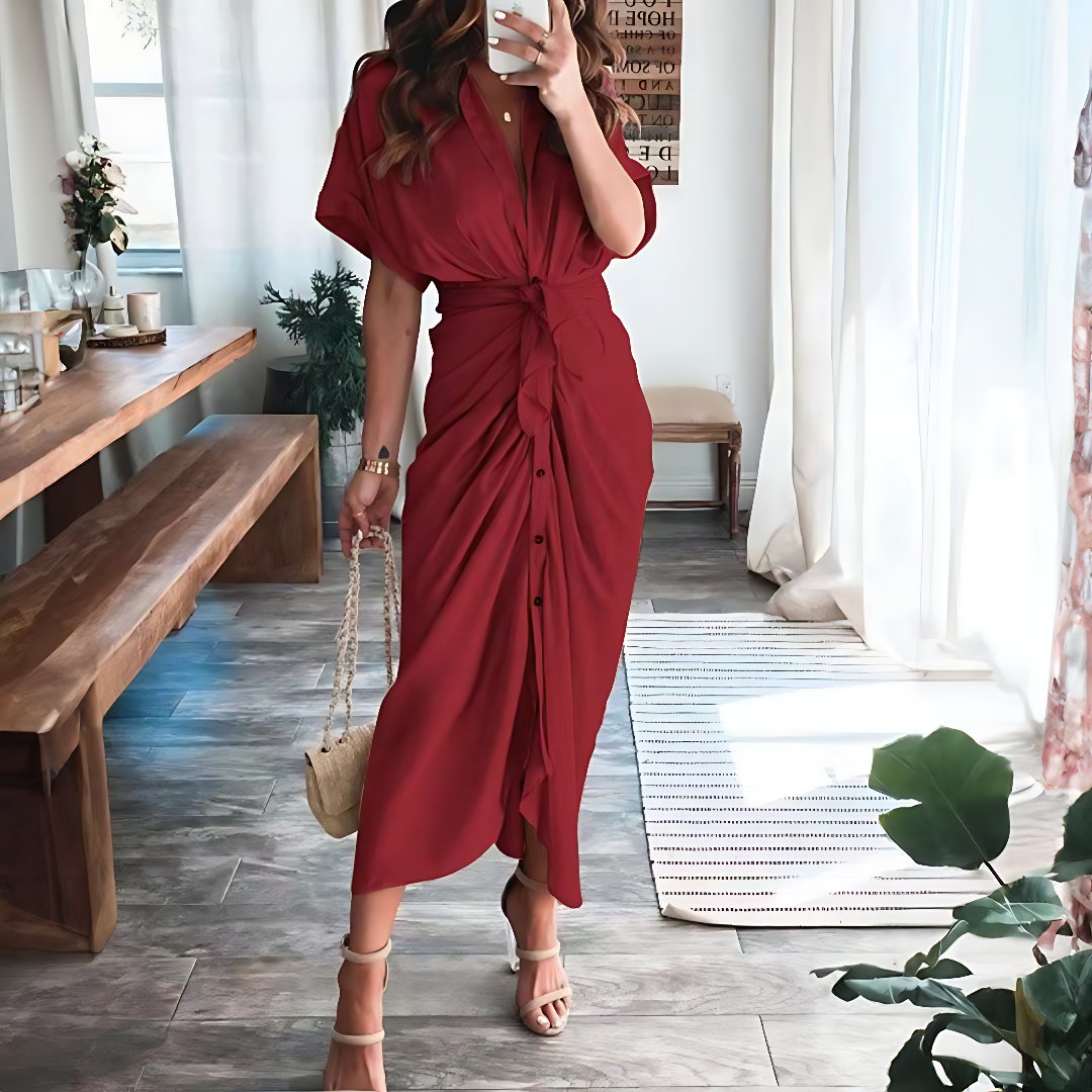 Maxiklänning med volanger och V-ringning, sommarstil, dammode - Elina