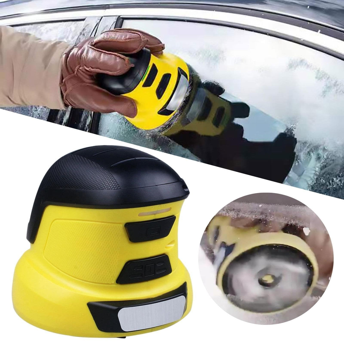 Gul och svart isskrapa i närbild, med handskbeklädd hand som skrapar frostig bilruta 1