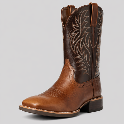 Cowboystövel med brunt skinn, mörkare skaft med broderi och klack, snett framifrån 2
