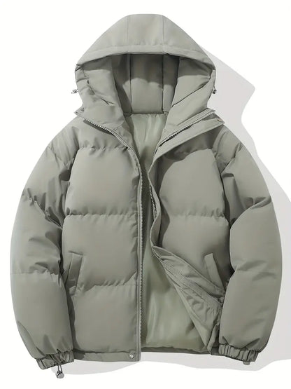 Klassische olivgrüne Kapuzenjacke, warm, wattiert, Wintermode, Herrenbekleidung.