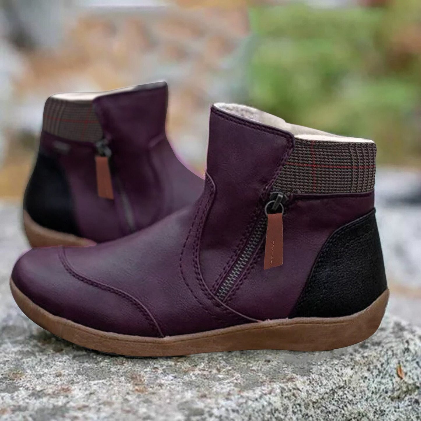Damen Stiefeletten, lila Leder, Reißverschluss, rutschfeste Sohle, modisch, bequem.